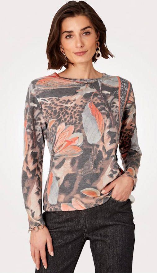 MONA Trui met print Grijs/Oranje